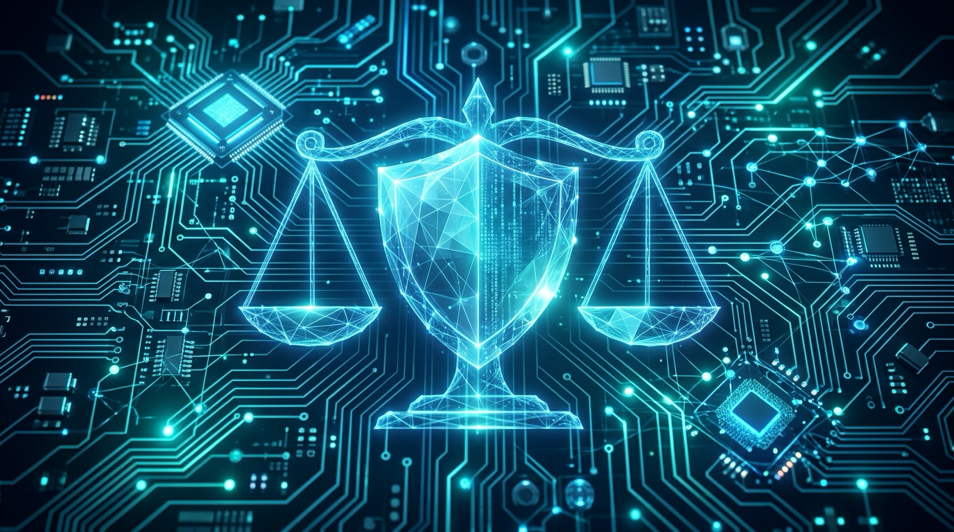 Ufficio moderno con icone che simboleggiano la conformità all'AI Act europeo per l'intelligenza artificiale