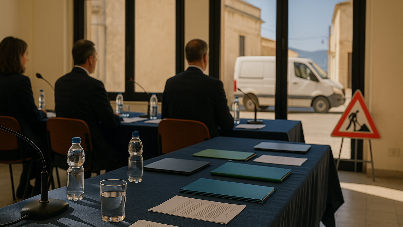 Sala riunioni luminosa con tavolo coperto da un drappo blu, microfoni e raccoglitori, e un furgone di servizio con segnale di lavori in corso visibile dalla finestra
