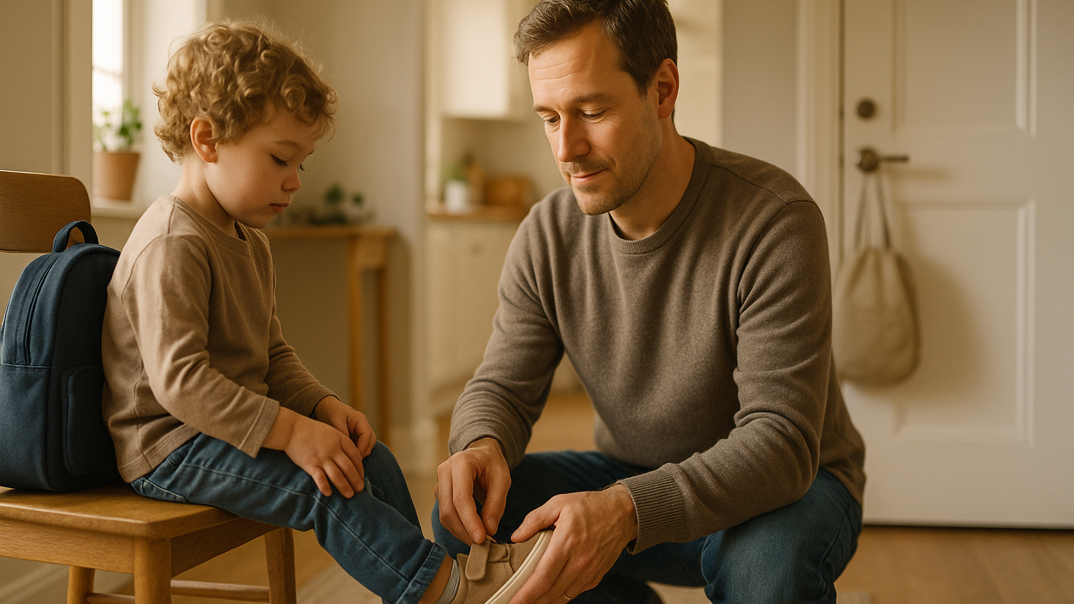 Genitore che lavora a turni prepara il proprio bambino prima di accompagnarlo al nido la mattina presto