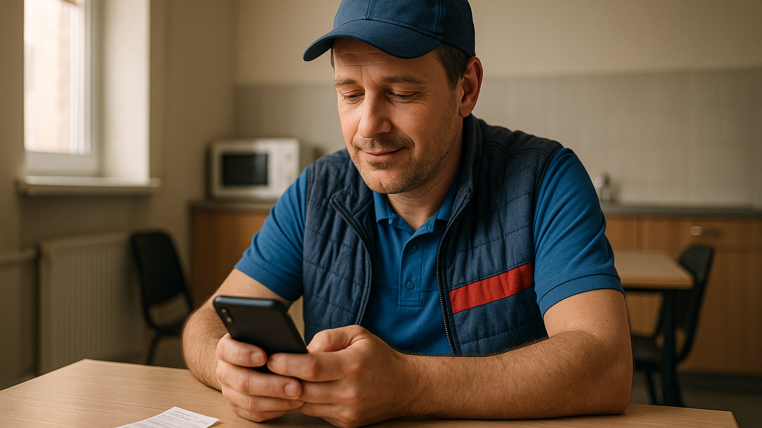 Lavoratore a turni in pausa che controlla un buono pasto sul telefono durante un breve momento di stacco