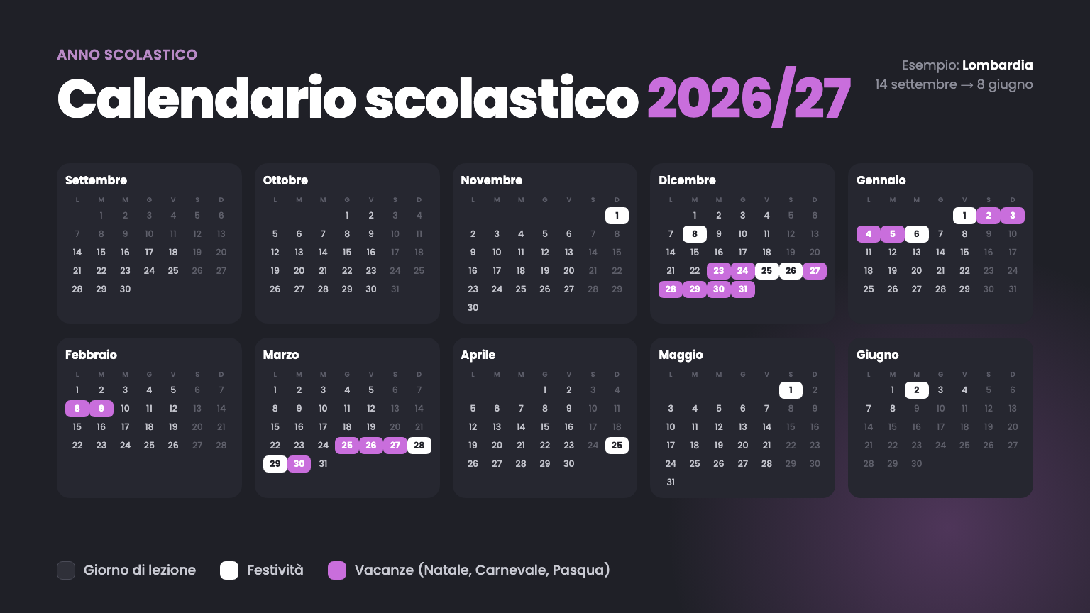 Calendario dell'anno scolastico 2026-2027 in stile app, da settembre a giugno, con le festività in bianco e le vacanze di Natale, Carnevale e Pasqua evidenziate in viola