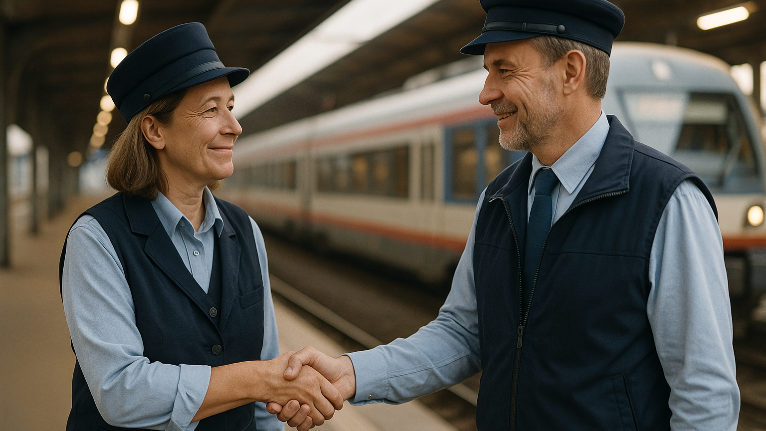 Macchinista in uniforme che controlla il turno di lavoro su una banchina ferroviaria dopo il rinnovo del CCNL Attività Ferroviarie