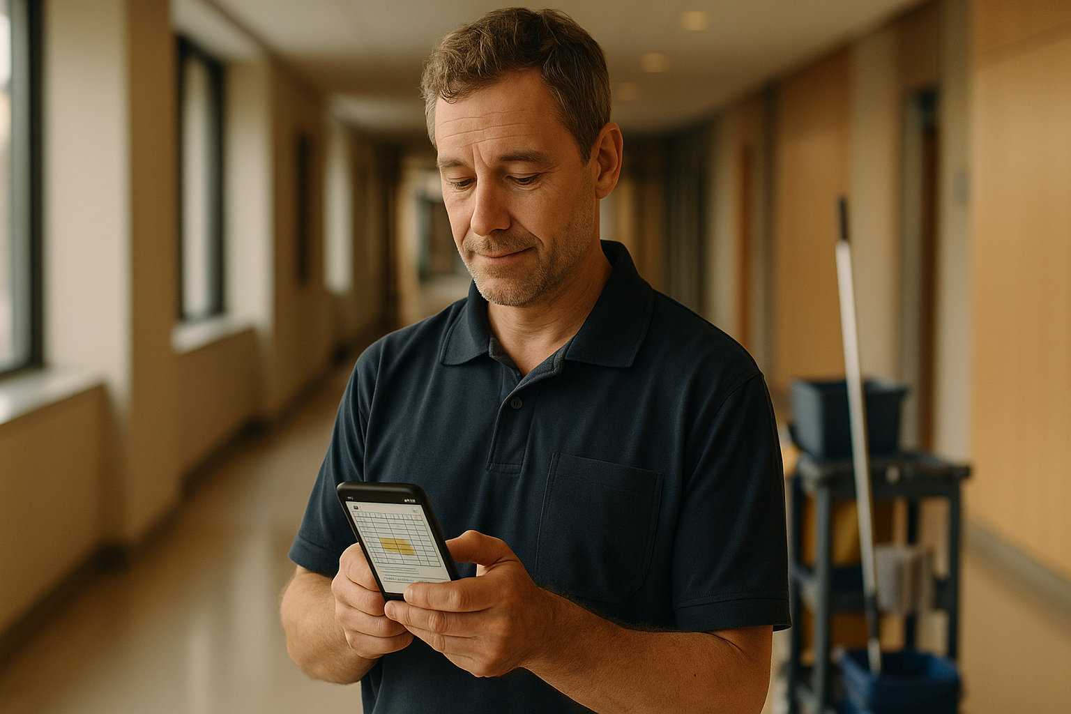Addetto alle pulizie e al portierato che controlla il turno su smartphone dopo il rinnovo del CCNL Multiservizi