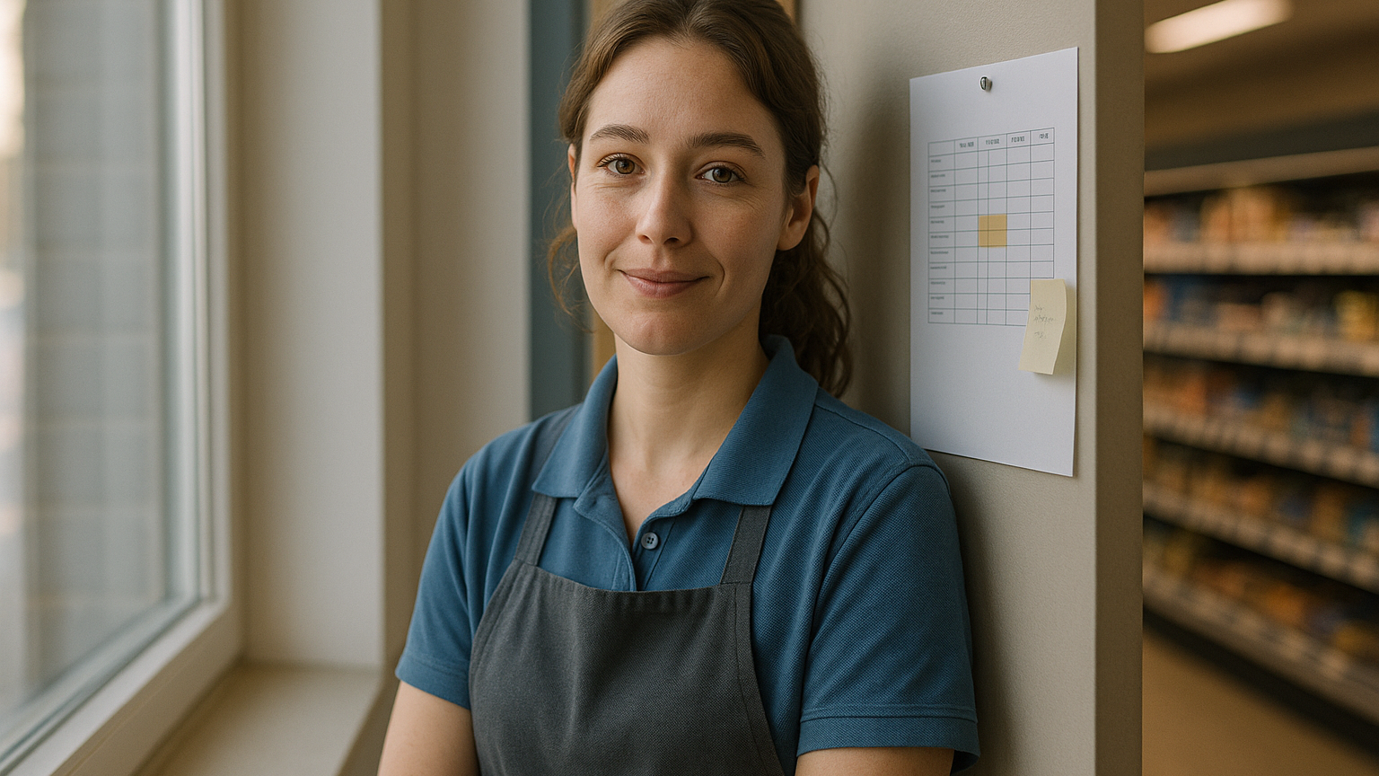 Commessa di un supermercato che controlla il nuovo turno di lavoro dopo il Testo Unico del CCNL Terziario Confcommercio