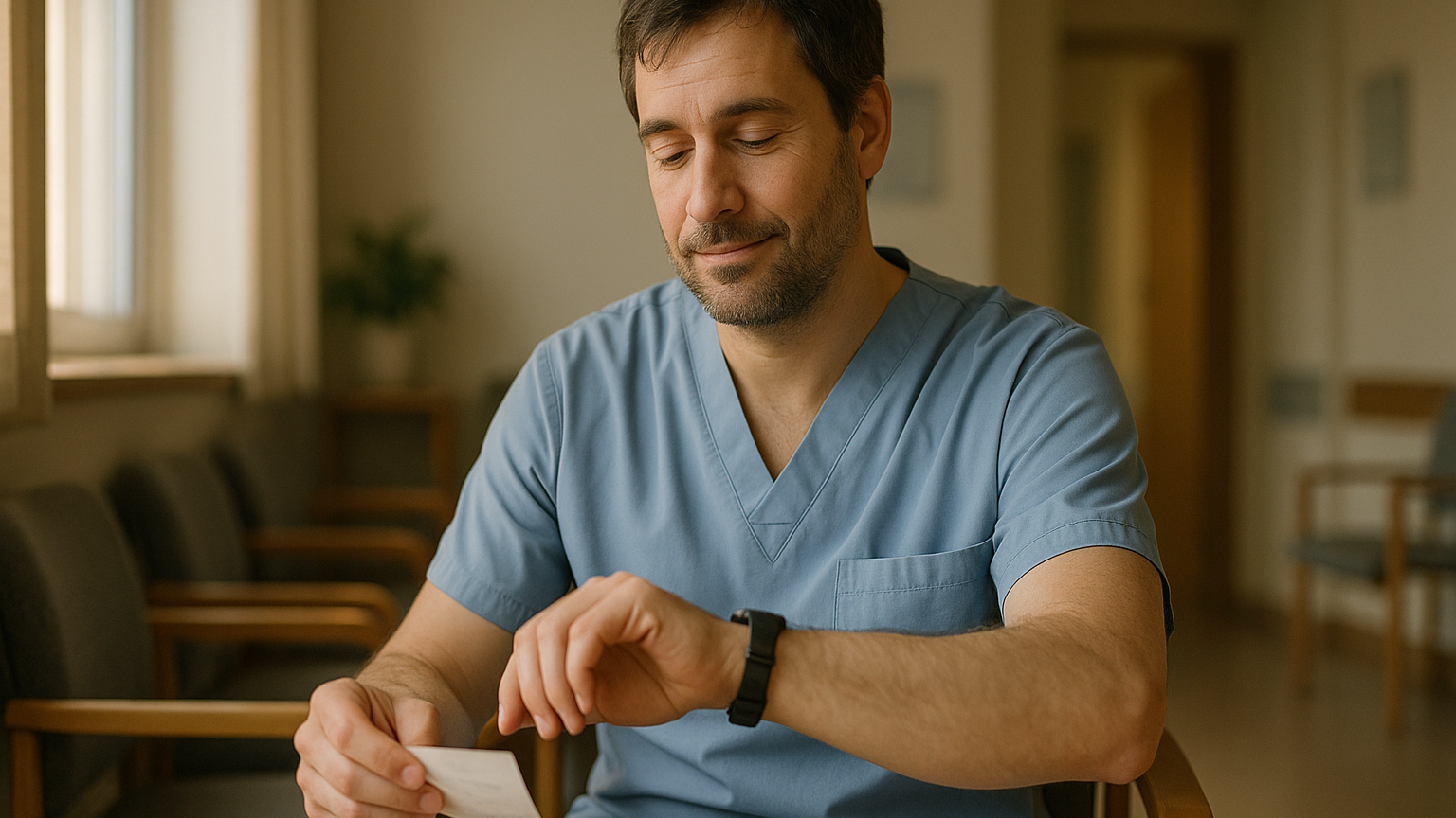 Lavoratore a turni in sala d'attesa di un ambulatorio medico dopo un turno di notte, prima della novità INPS sul certificato di malattia retroattivo