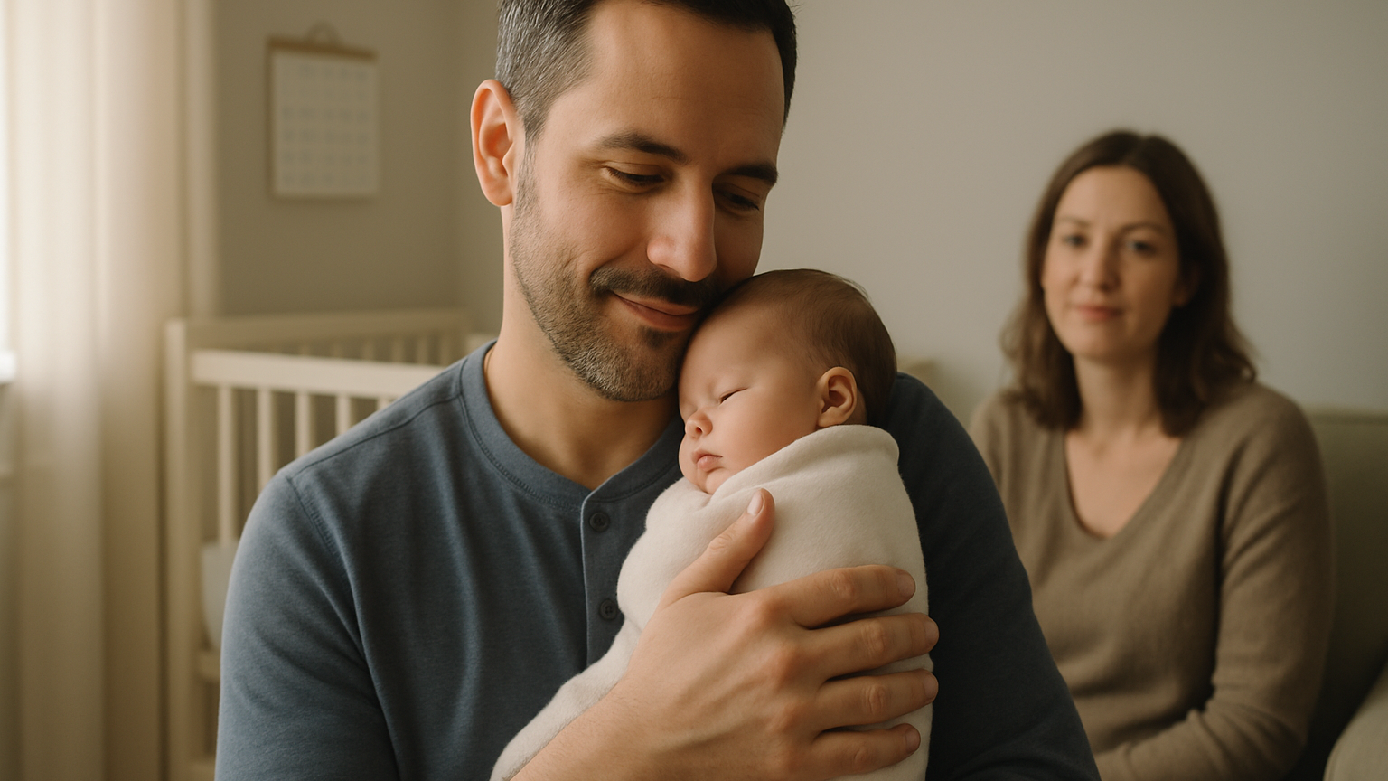 Neo padre a turni che tiene in braccio il proprio bambino a casa, tra congedo di paternità e organizzazione dei turni