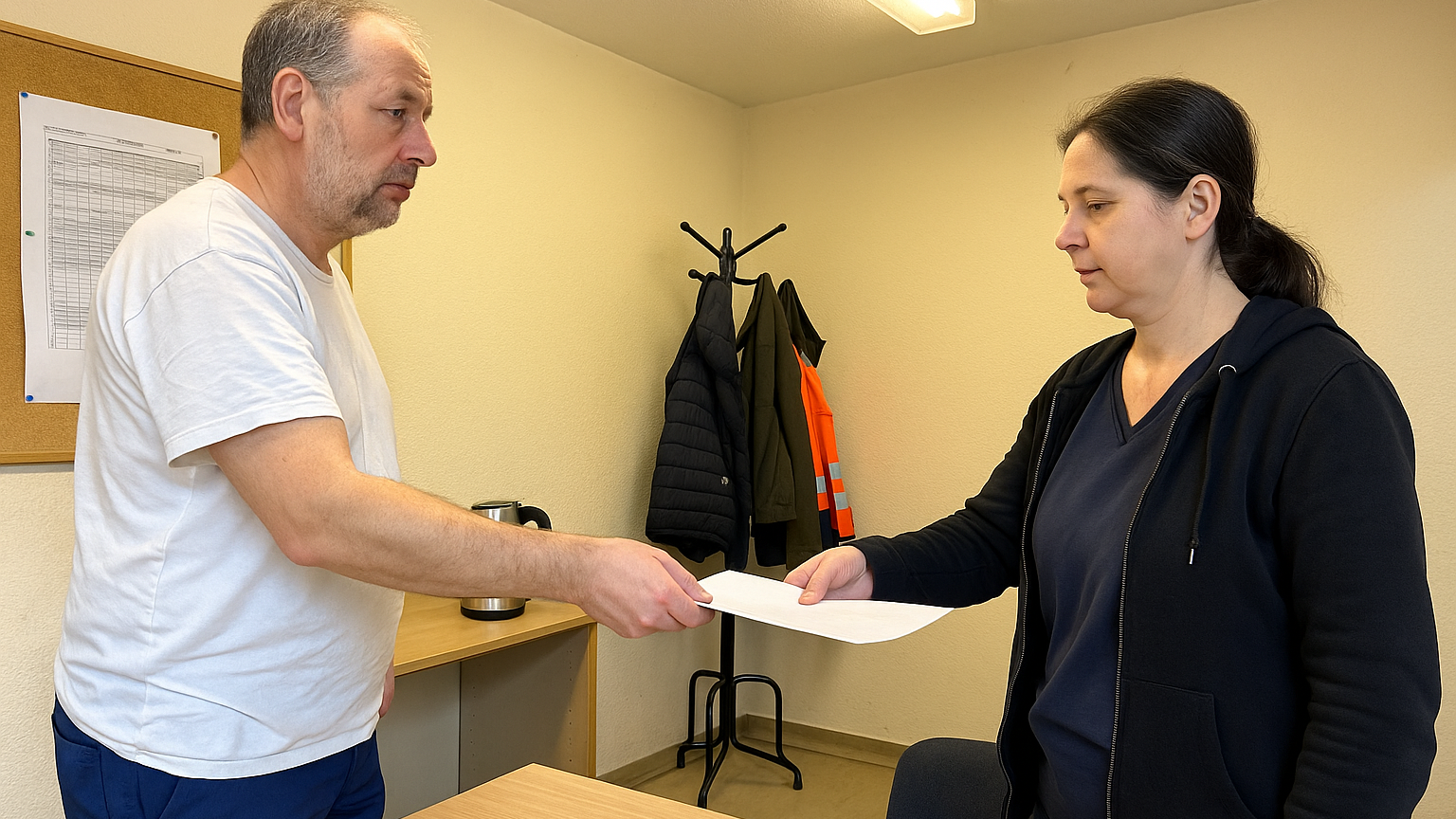 Ein Mann in weißem T-Shirt reicht in einem Pausenraum einer Kollegin ein Blatt Papier, im Hintergrund eine Korkwand mit einem ausgehängten Dienstplan, ein Wasserkocher und eine Garderobe