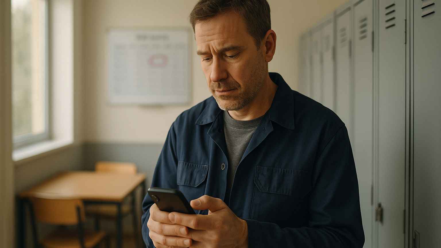 Lavoratore a turni che controlla preoccupato lo smartphone vicino agli armadietti dello spogliatoio aziendale
