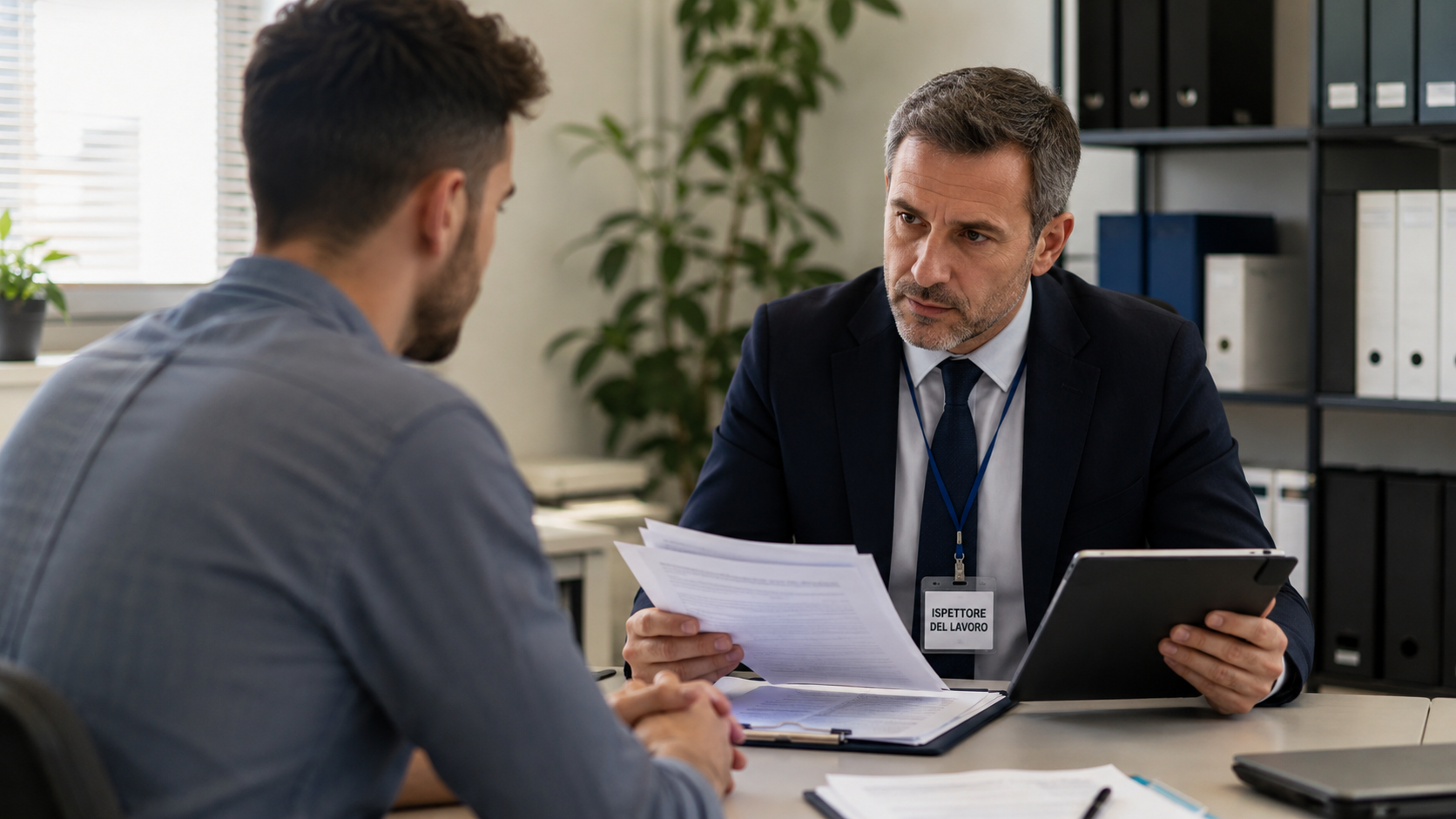 Ispettore del lavoro che verifica i documenti aziendali durante un controllo sul posto di lavoro