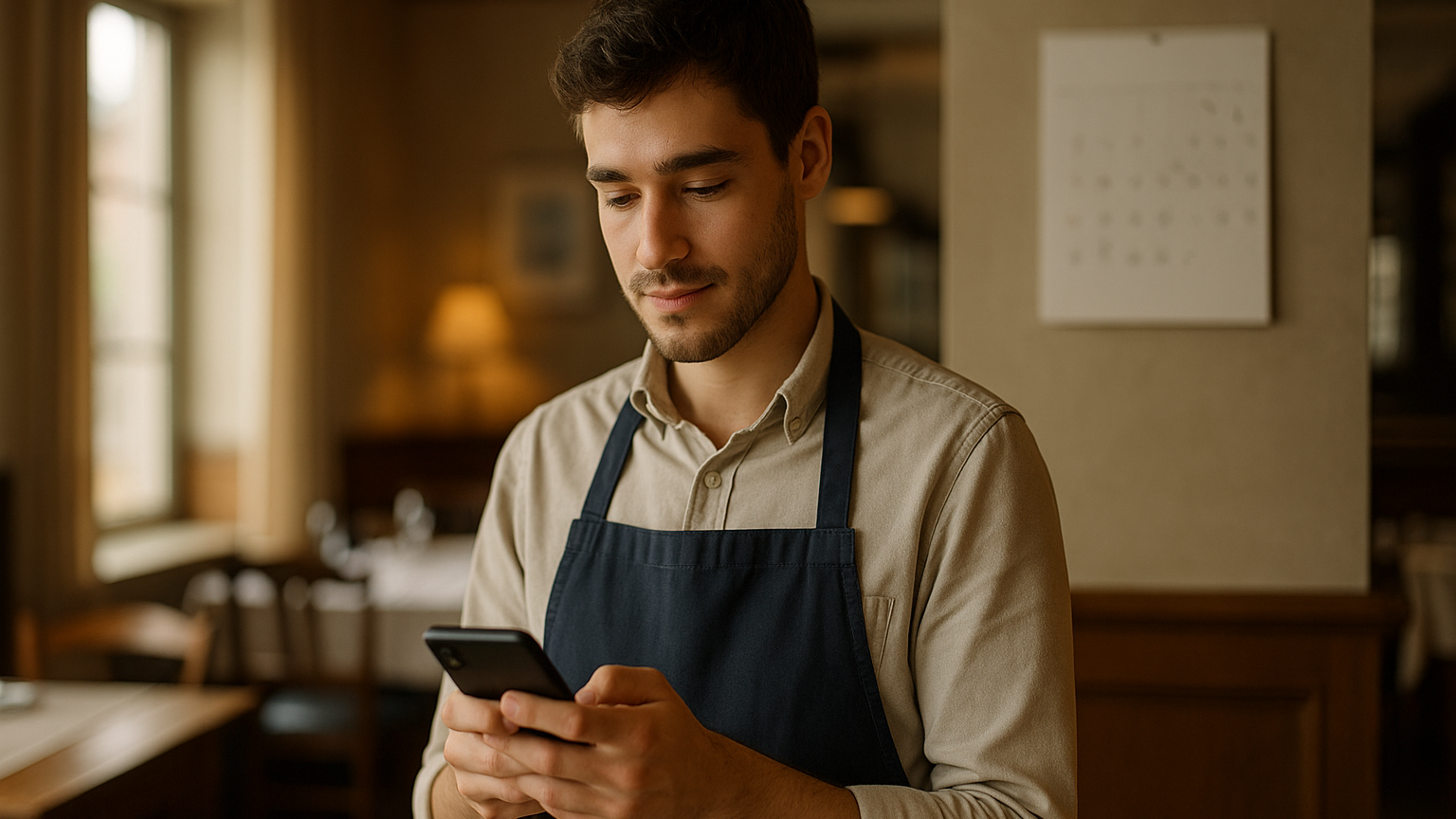 Lavoratore stagionale del turismo che controlla sullo smartphone una chiamata di lavoro con contratto intermittente