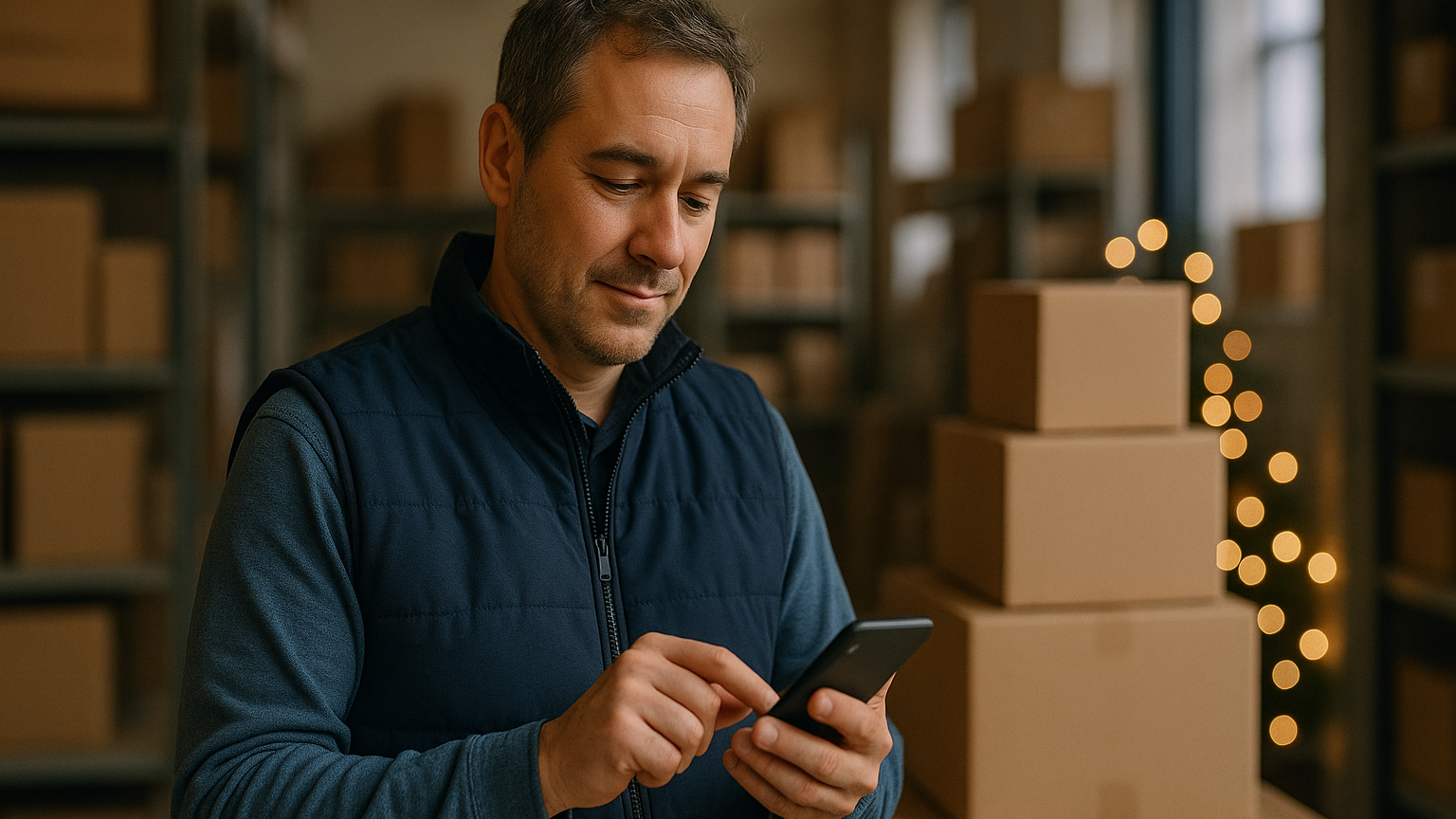 Lavoratore stagionale in un magazzino logistico che controlla il turno su smartphone tra i pacchi durante il periodo natalizio