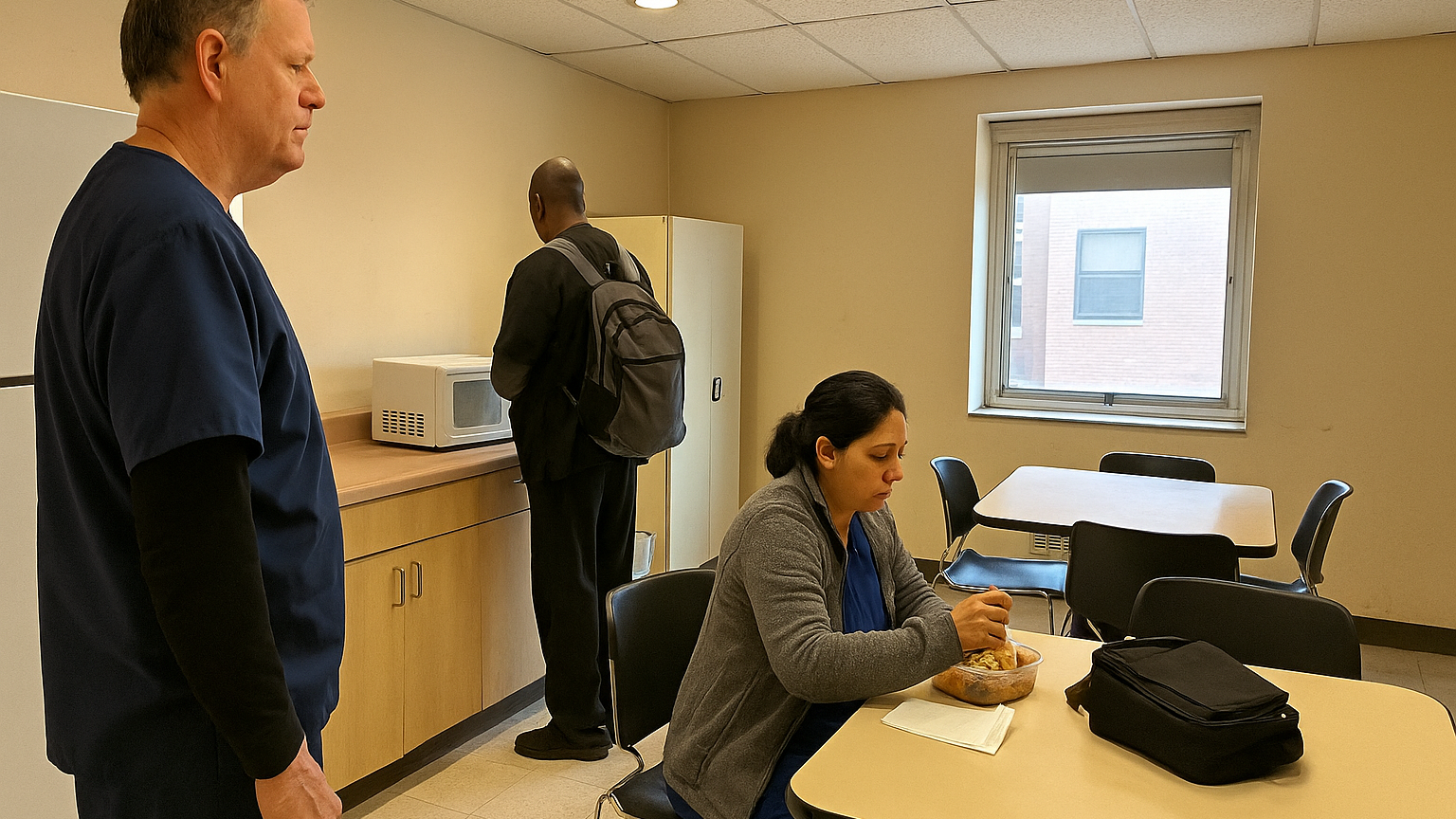 A hospital staff break room with a table, a microwave and a worker sitting down to eat lunch during a shift