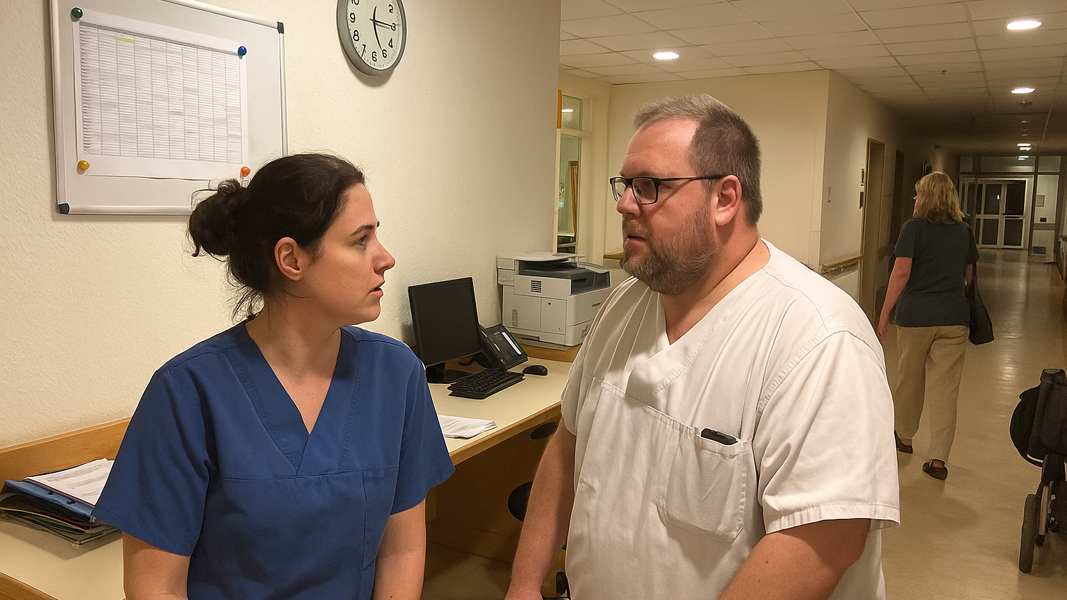 Zwei Pflegekräfte im Gespräch auf einem Krankenhausflur am Abend, an der Wand ein Dienstplan auf einer Magnettafel und eine Wanduhr