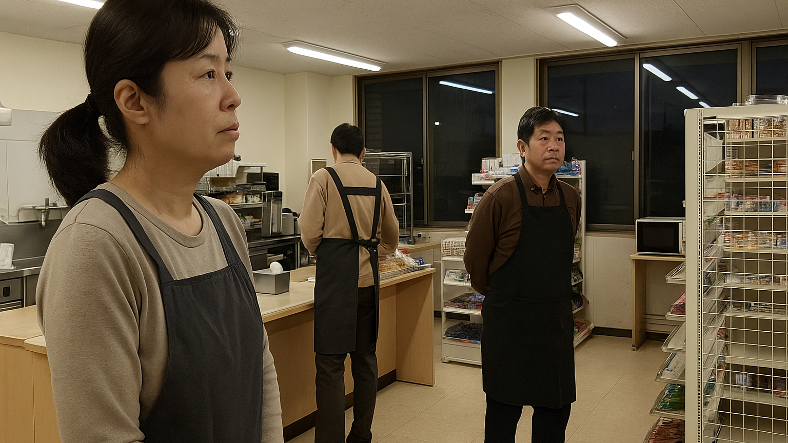 夜の時間帯のコンビニのような店内で、エプロン姿の店員3人がカウンターや商品棚のそばに立っている様子