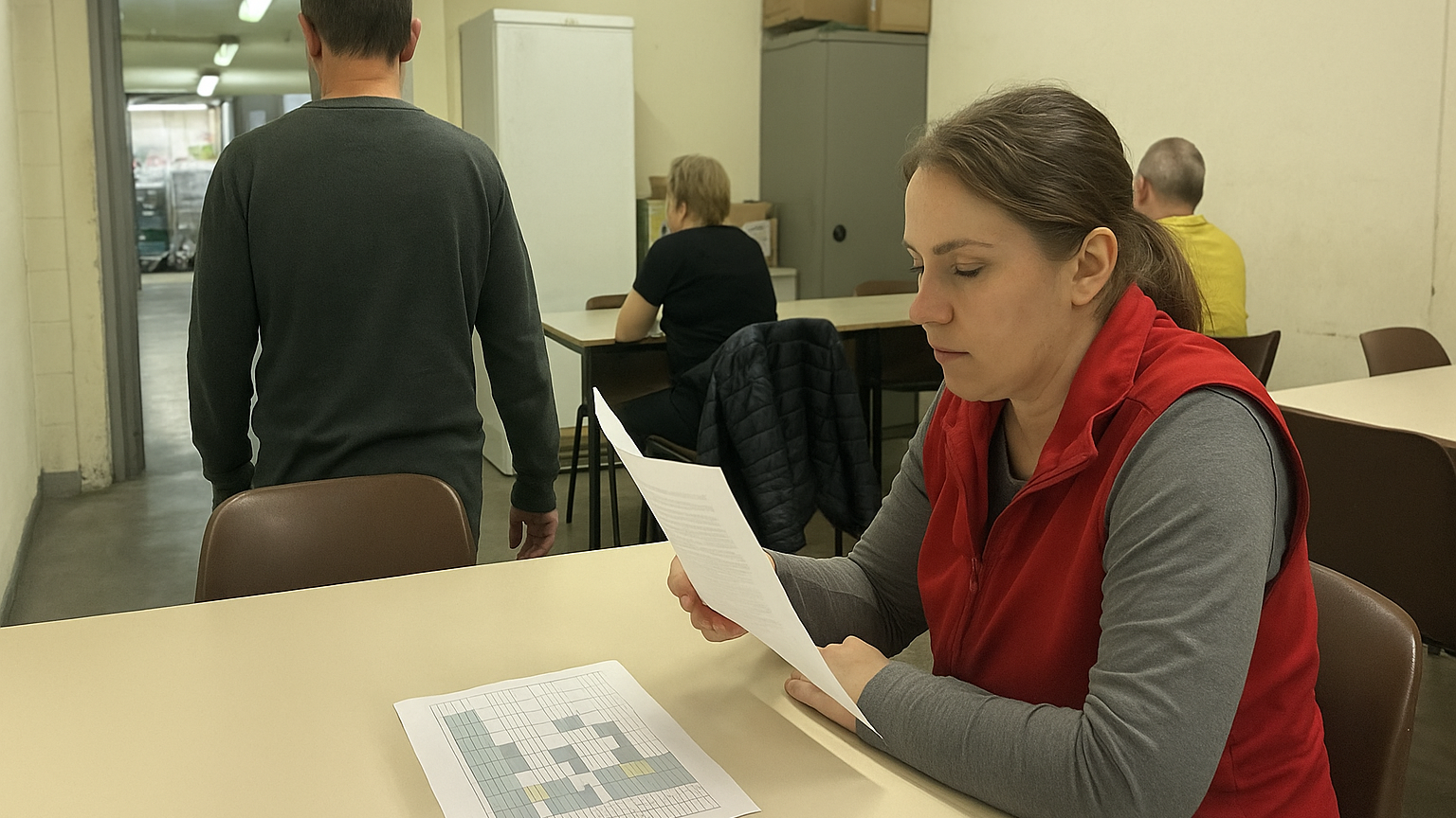 Lavoratore part-time a turni che controlla il proprio contratto di lavoro insieme alla tabella dei turni in una sala break
