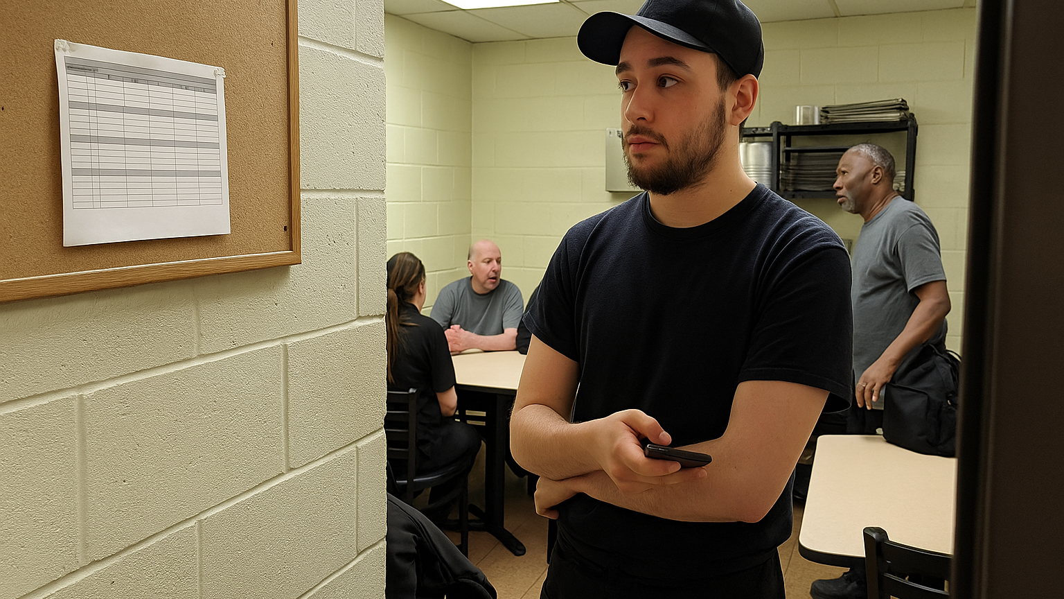 A restaurant break room with a paper weekly schedule pinned to a corkboard and a worker checking a phone next to it