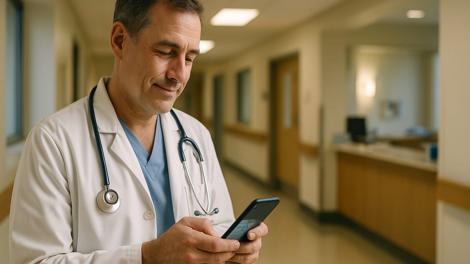 Medico in corsia che controlla sullo smartphone il conteggio dei turni di pronta disponibilità del mese