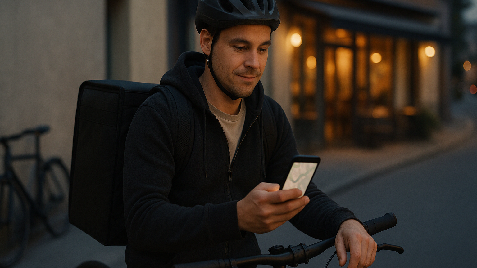Rider in bicicletta che controlla lo smartphone con l'app di consegne prima di iniziare il turno