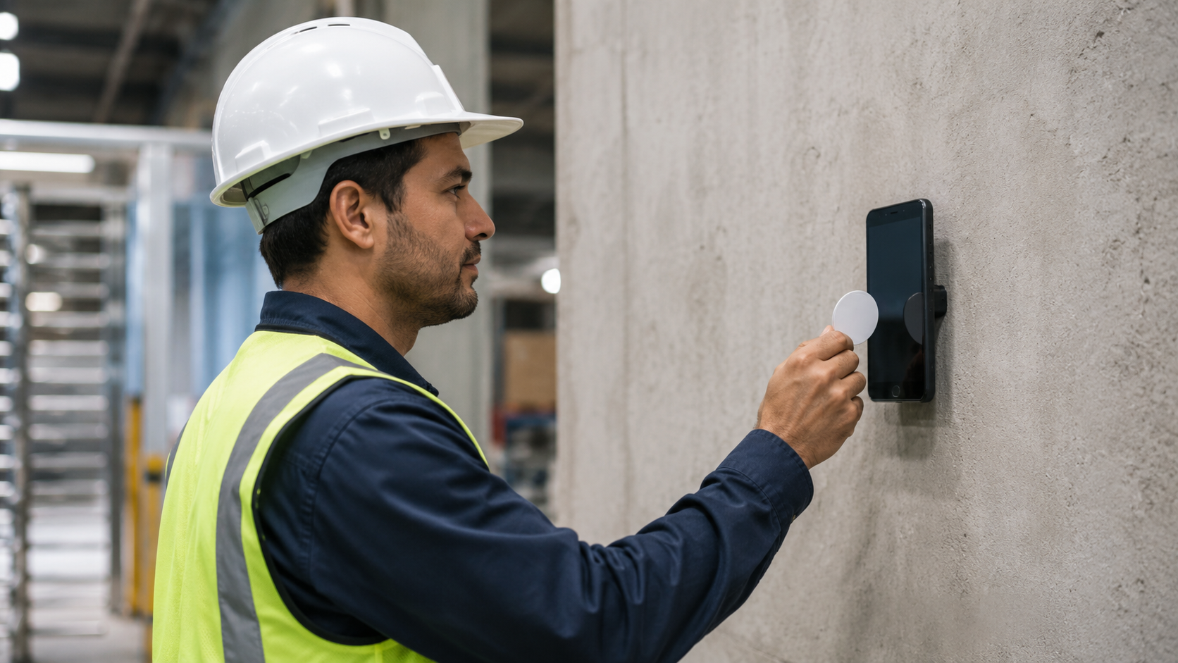 Lavoratore che timbra le presenze con badge NFC su smartphone aziendale