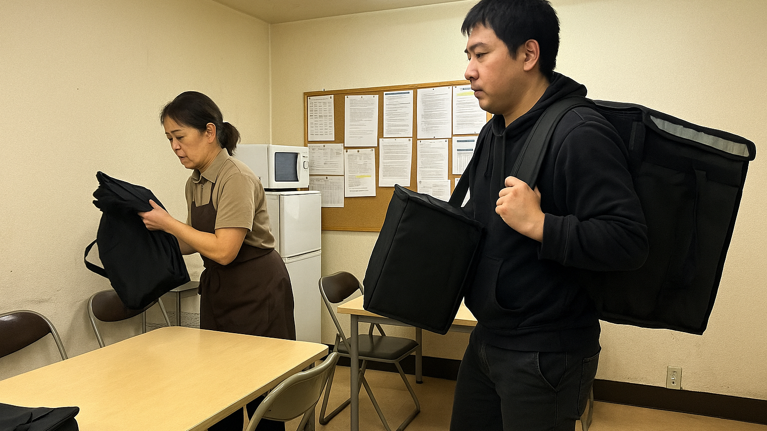 掲示板と長机のある店舗の休憩室で、エプロン姿の女性が黒いバッグを手にし、男性が黒い大きなバッグを背負って出勤の準備をしている様子