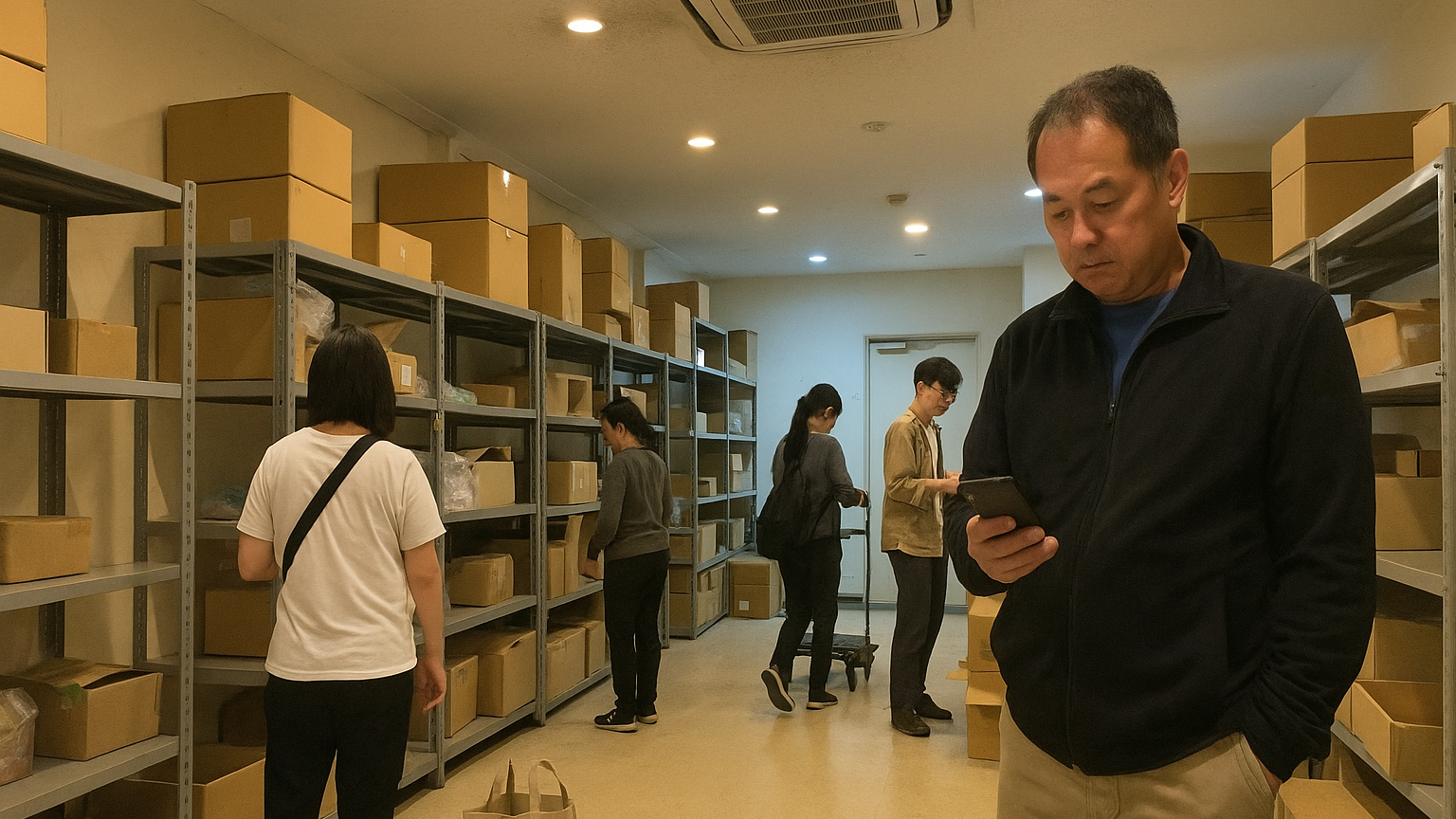 夜の閉店後の店舗のバックヤードで、制服姿の従業員が荷物をまとめて帰り支度をしている様子