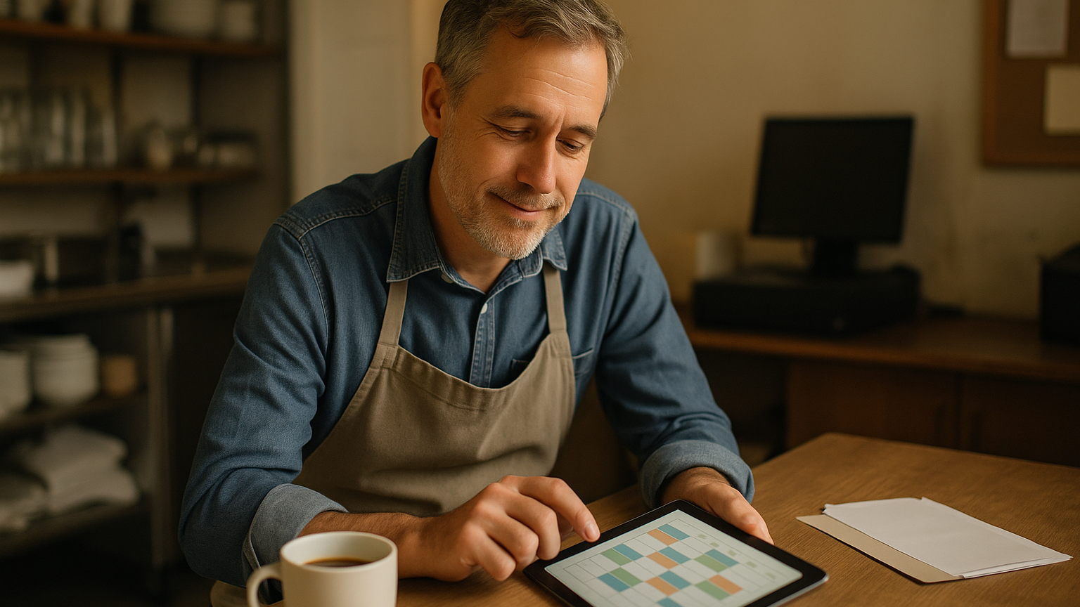Titolare di una piccola attività che pianifica i turni del personale su un tablet