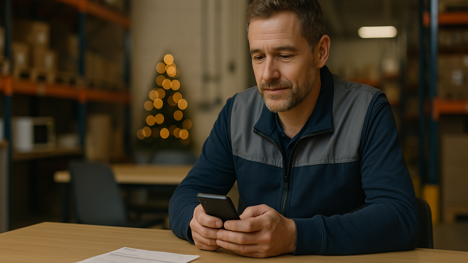 Lavoratore della logistica che controlla sullo smartphone la tredicesima in busta paga durante una pausa a dicembre