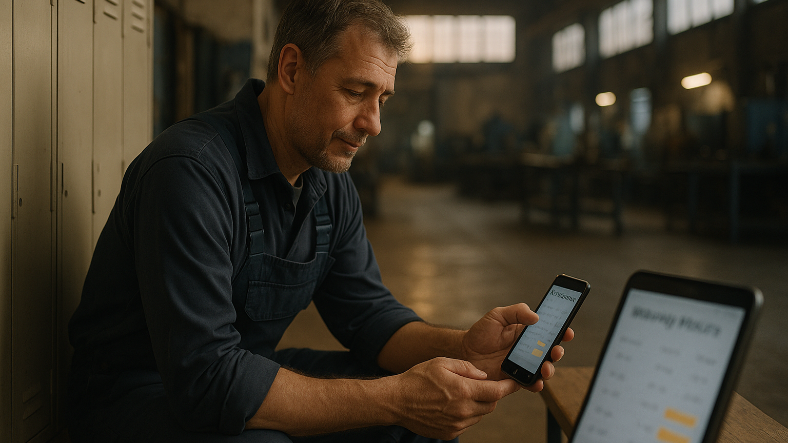 Lavoratore a turni visibilmente stanco che controlla sullo smartphone il riepilogo delle ore lavorate dopo un lungo turno