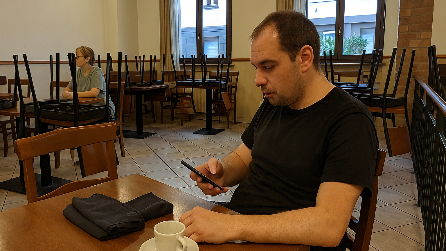 Cameriere che controlla l'orario sullo smartphone durante l'interruzione tra il turno di pranzo e quello di cena
