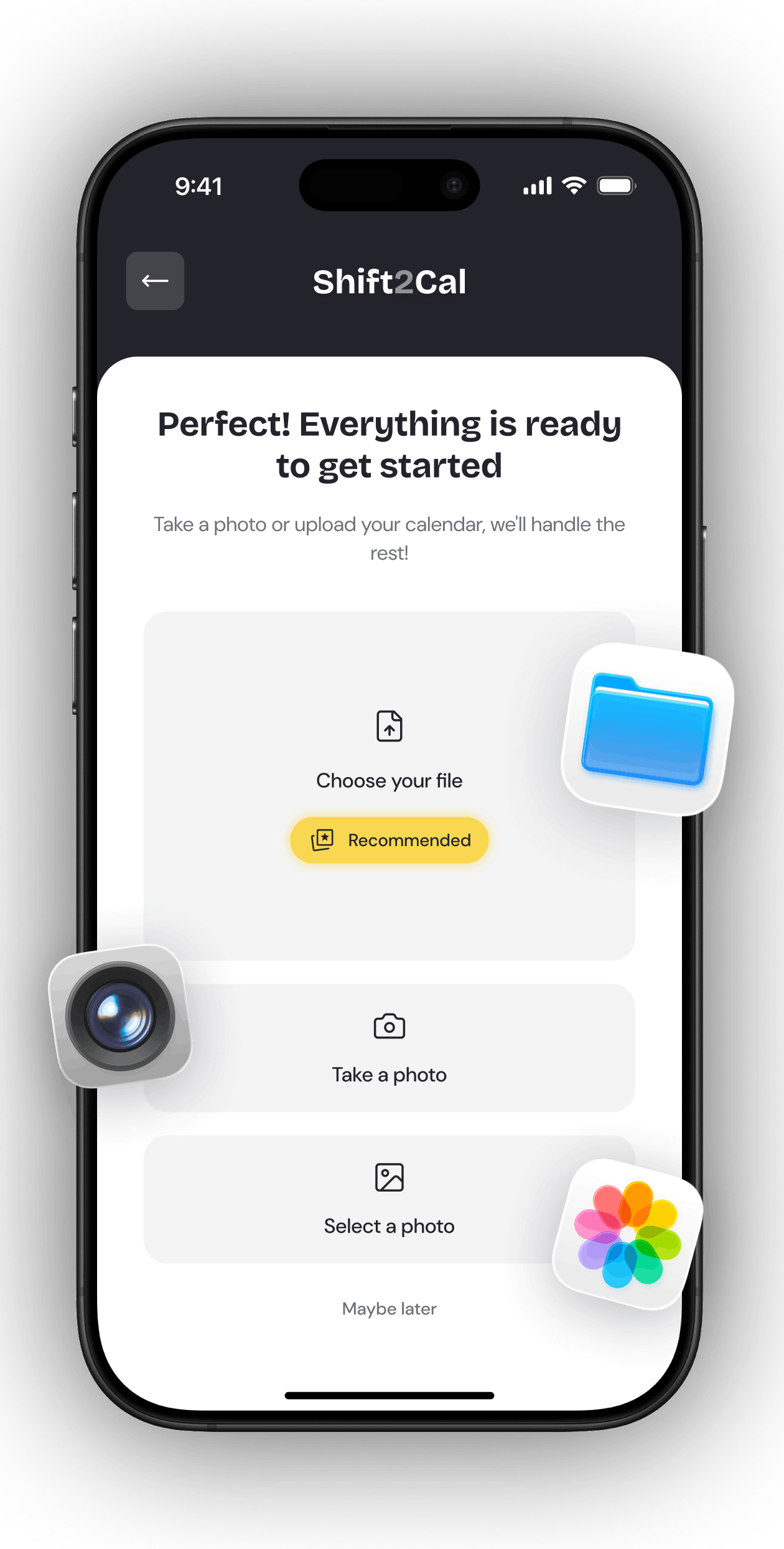 Shift2Cal quick import screen with file upload, camera, and photo options