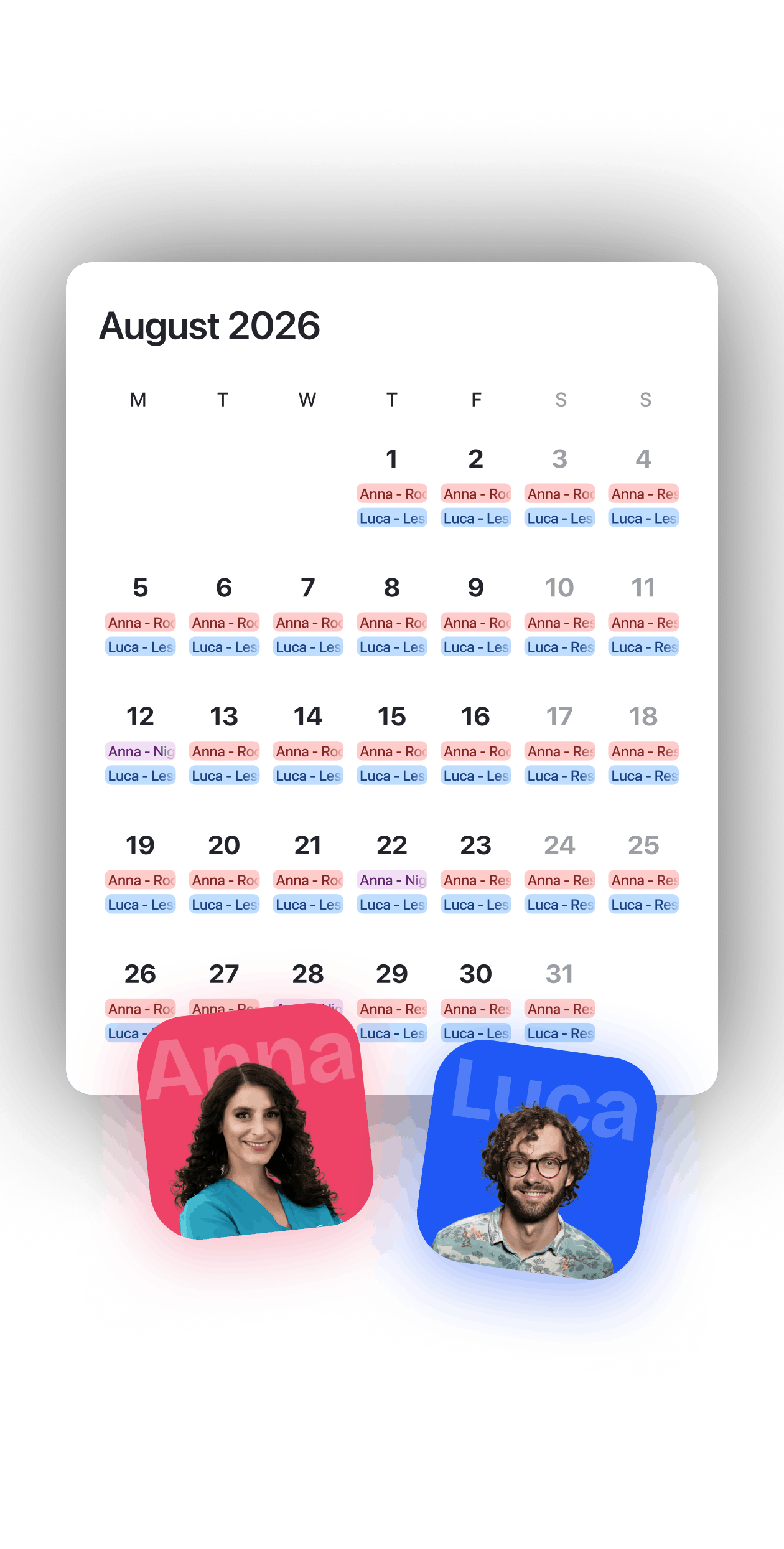 Shared Shift2Cal calendar with multiple people and colored shifts