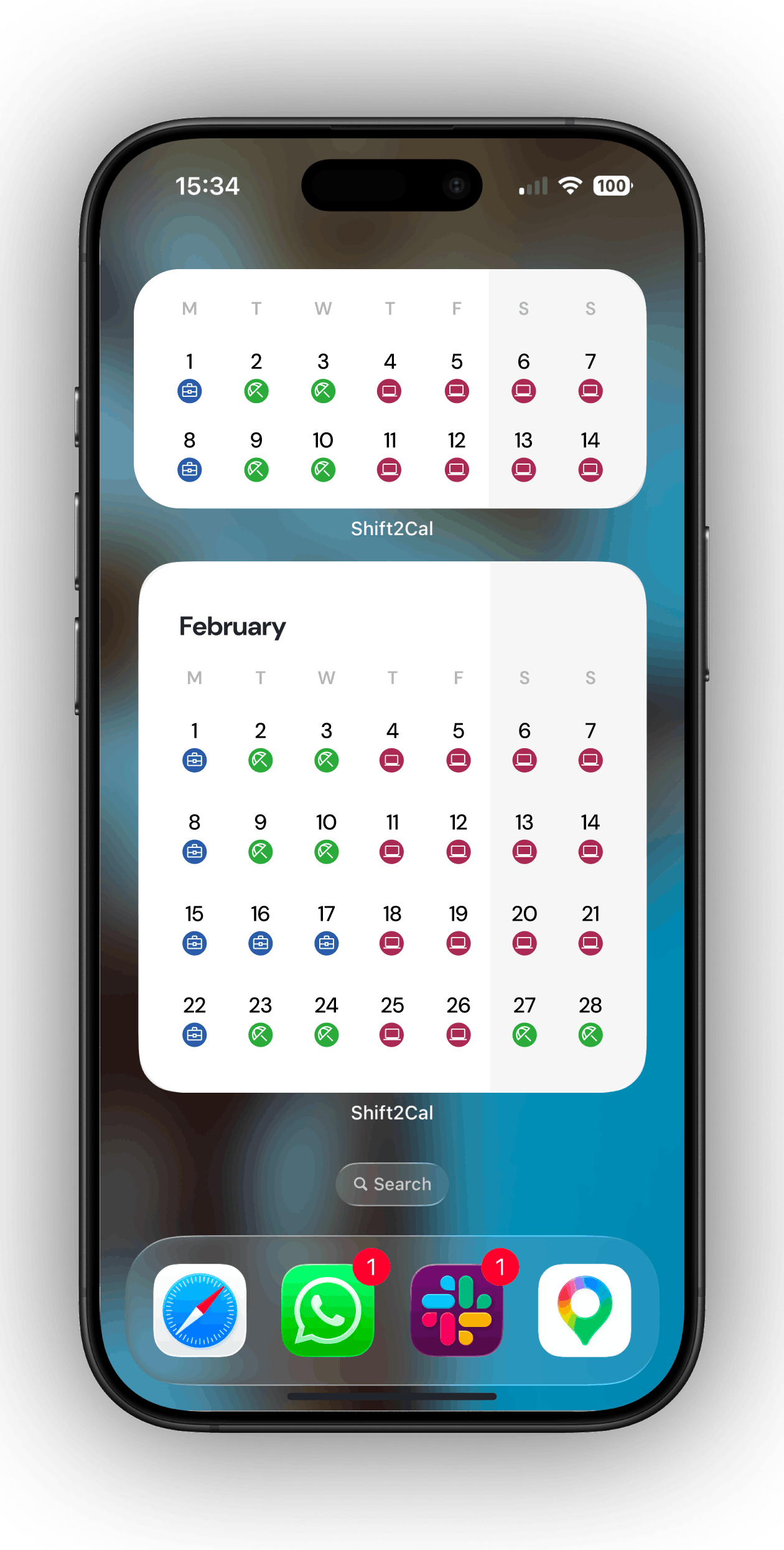 Shift2Cal home screen widgets showing upcoming shifts on a calendar
